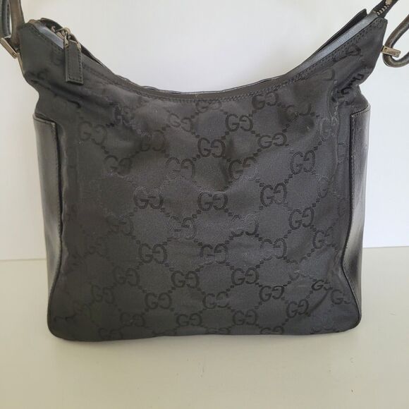GUCCI GG Monogram Black Shoulder Bag Handbag Nylon Leather Trim Medium Zip Logo - Picture 11 of 13